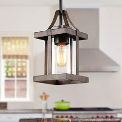 LNC Faux-Wood Pendant Lighting, Farmhouse Island Light with Clear Glass Shade for Kitchen Island ...