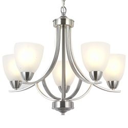 VINLUZ 5 Light Contemporary Chandeliers Brushed Nickel Modern Light Fixtures Ceiling Hanging Ind ...