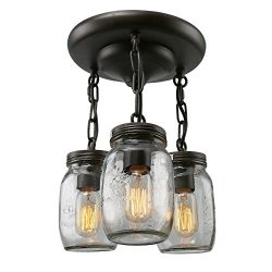 Bagood Glass Pendant Light 3 Mason Jar Semi Flush Mount Close to Ceiling Light fixtures, Brown