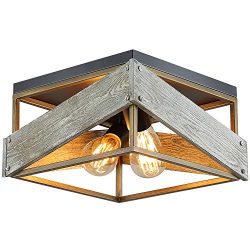 Modern Farmhouse Flush Mount Light Fixture Two-Light Metal and Wood Square Flush Mount Ceiling L ...