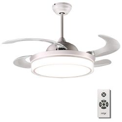 reiga 44-inch White Modern Ceiling Fan Retractable Blades with Dimmable LED Lights, Remote Contr ...