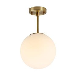 Bagood Globe Semi Flush Mount Ceiling Light, Matte White Glass with Brass Finish, Contemporary M ...