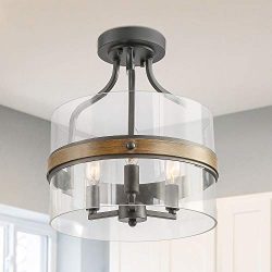 LALUZ Faux Wood Ring Ceiling Light Fixture, Modern Semi Flush Mount Ceiling Light, Farmhouse Dru ...