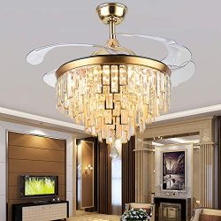 Orillon 42 Inch Golden Modern Chandelier Ceiling Fan with Light for Indoor Room with 4 Retractab ...