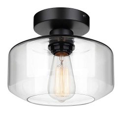 Industrial Semi Flush Mount Ceiling Light, Clear Glass Pendant Lamp Shade, Farmhouse Lighting fo ...