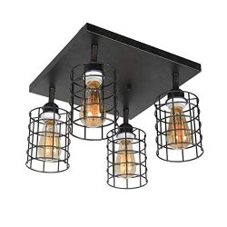 Beuhouz Industrial Iron Semi Flush Mount Ceiling Lighting, Black Metal Wire Cage Close to Ceilin ...