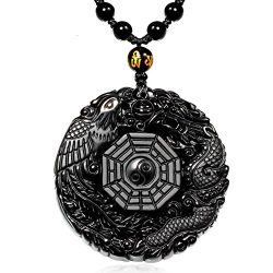 MOHICO Dragon Obsidian Pendant Necklace, Dragon and Phoenix Natural Obsidian Crystal Pendant Nec ...