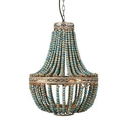 Newrays Vintage Antique Blue White Wood Bead Chandelier Pendant Three Lights Finishing Ceiling F ...