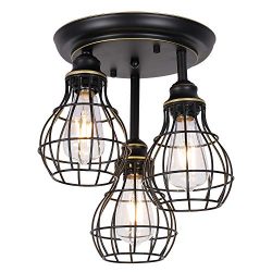 HMVPL Semi Flush Mount Pendant Lighting, 3-Lights Industrial Close to Ceiling Lights Fixtures, I ...