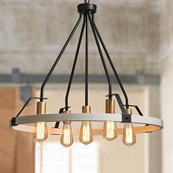 Bestier Wagon Wheel Chandelier 5 Lights Farmhouse Light Fixture in White Wood Painted Gold Black ...