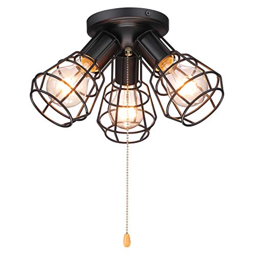 Industrial Close to Ceiling Light with Pull Chain, 3 Lights Modern Farmhouse Metal Wire Cage Sem ...