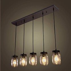 Wellmet Farmhouse Chandelier Glass Mason Jar Adjustable, 5-Light Dining Room Lighting Fixtures H ...