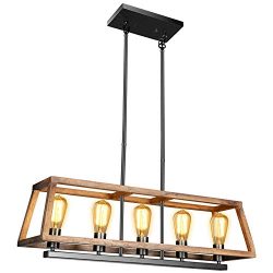 Rustic Wood Kitchen Island Lighting – UL Listed with 5 Light Adjustable Rectangle Hanging  ...