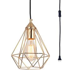 SEEBLEN Plug in Pendant Light Gold Hanging Light Fixture with 15 Ft Plug in Cord On/Off Switch V ...
