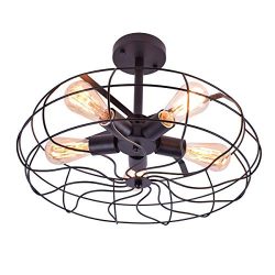 Longwind Metal Black Cage Retro Ceiling Light Fixture,5 Lights Industrial Vintage Semi Flush Mou ...