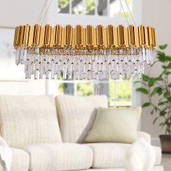 MEELIGHTING W35″ Linear Modern Crystal Chandelier Lights Luxury Pendant Ceiling Light Oval ...