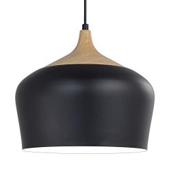 Karmiqi Modern Pendant Light with LED Bulb, Wood Pattern Metal Shade Ceiling Hanging Light Fixtu ...