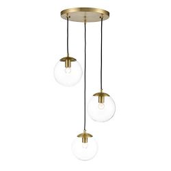 Light Society LS-C255-BB-CL Zeno 3-Light Pendant Lamp in Brushed Brass and Clear Glass Globes wi ...