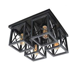 Baiwaiz Square Farmhouse Flush Mount Ceiling Light, Wood Rustic Close to Ceiling Lighting Black  ...