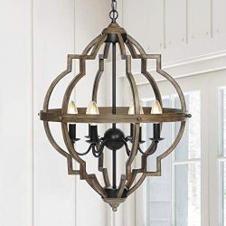 KingSo Pendant Light 6 Light Rustic Metal Chandelier 27.5” Oil Rubbed Bronze Finish Wood T ...