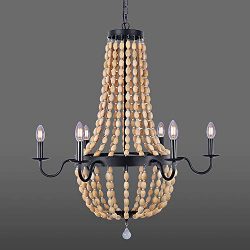 Wellmet 6 Lights Farmhouse Wood Beaded Chandelier for Bedrooms, 32 Inch Black Foyer Chandelier f ...