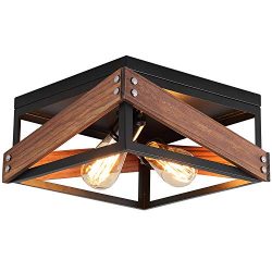 Rustic Industrial Flush Mount Light Fixture Two-Light Metal and Wood Square Flush Mount Ceiling  ...