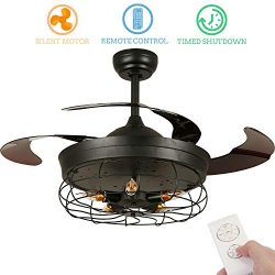 42 inch Vintage Retractable Ceiling Fan with Light, Black Chandelier Ceiling Fan Retractable Bla ...