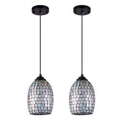 SHENGYADI Modern Mini Pendant Light with Hand Crafted Mosaic Shape, Colored Glass Pendant Lighti ...